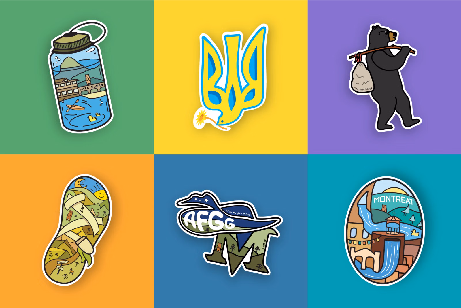 Grid of six colorful Montreat sticker designs on bright backgrounds: a Lake Susan Nalgene bottle, a Ukrainian trident dove, a bear with a bindle, a landscape-filled Chaco sandal, an AFGG mountain badge, and a Montreat campus oval