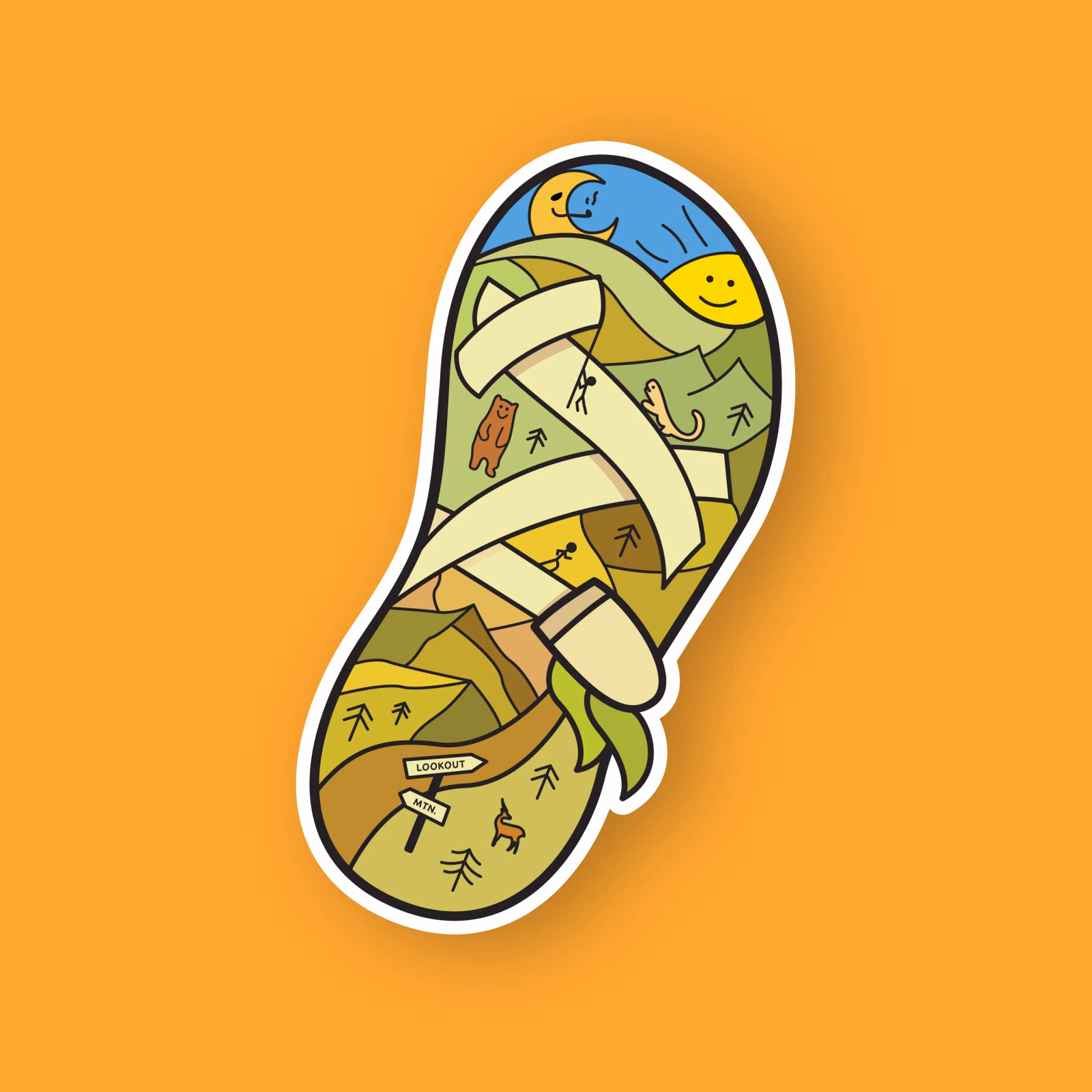 Sticker shaped like a Chaco sandal filled with a stylized mountain landscape — rolling hills, a moon and sun, a bear, hikers and a "Lookout Mtn" trail sign