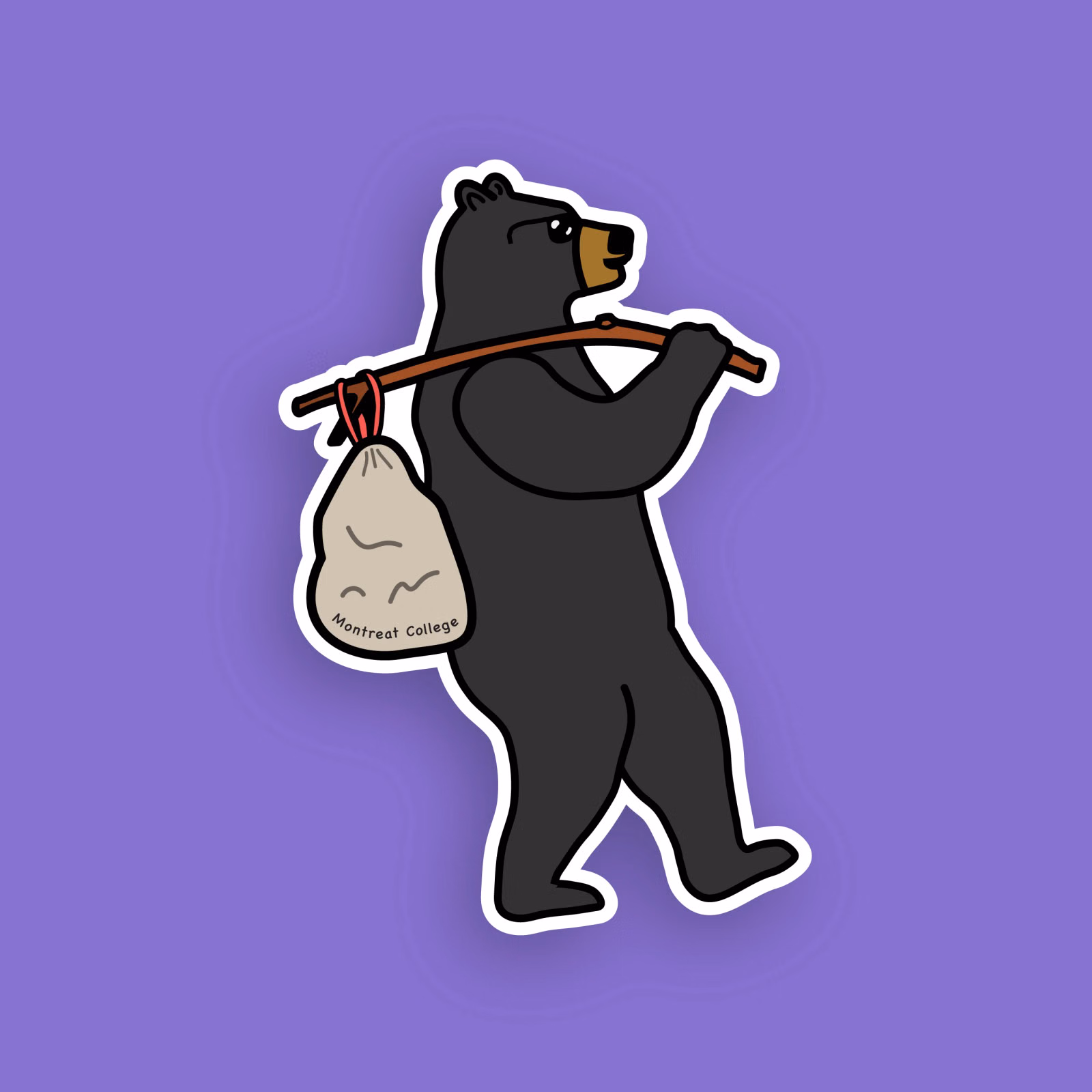 Sticker of a black bear walking upright with a bindle sack labeled "Montreat College" slung over its shoulder