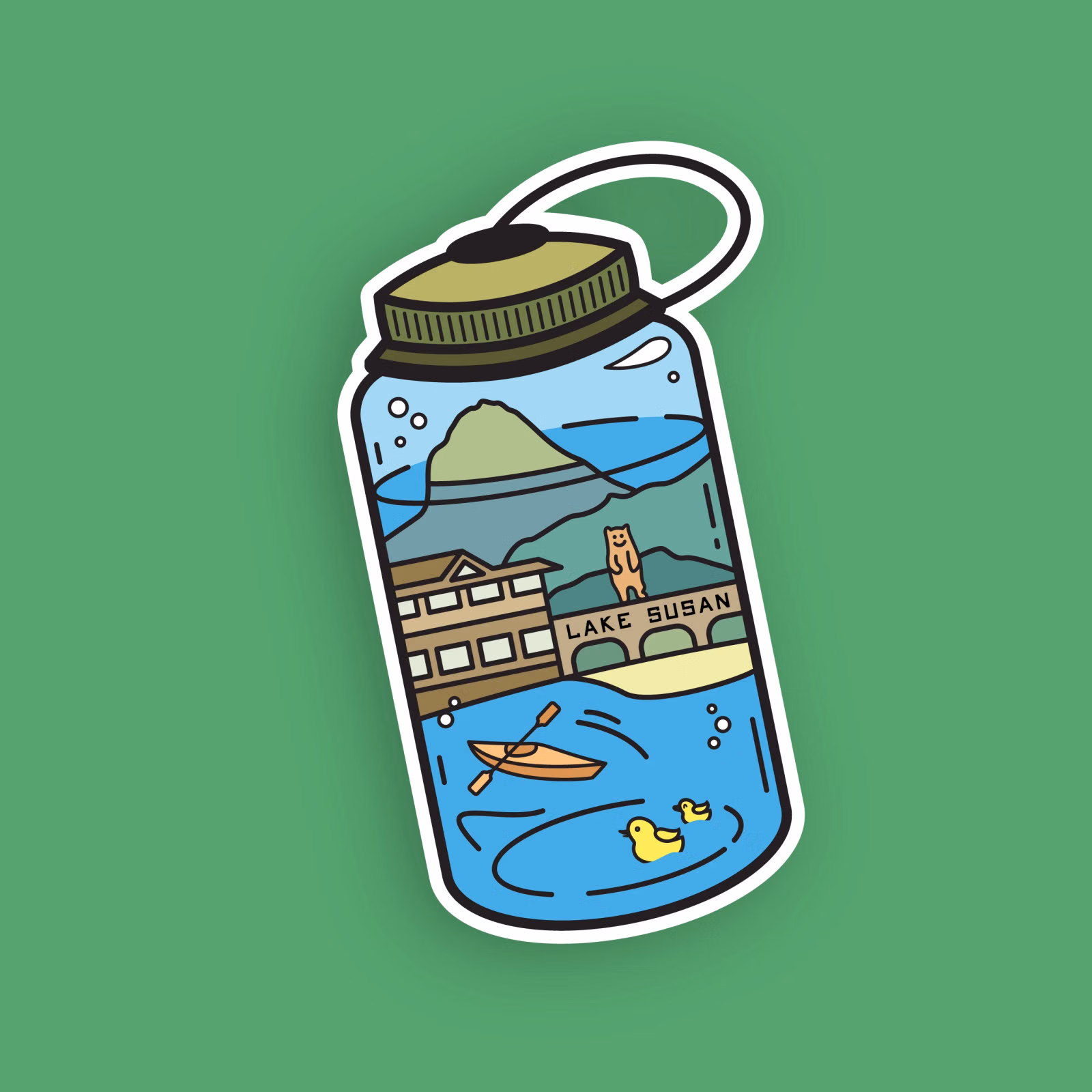 Sticker illustration of a Nalgene water bottle filled with a "Lake Susan" scene — a mountain, lodge, bear, kayaker and rubber ducks in blue water