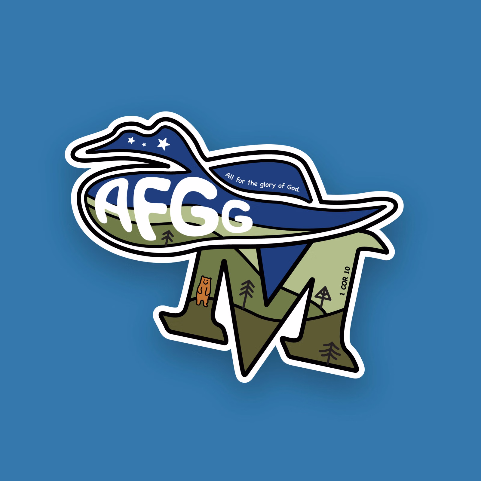 Badge sticker with outdoor-style "AFGG" lettering over a green mountain forming an "M", under a starry sky, with the text "All for the glory of God — 1 Cor 10"