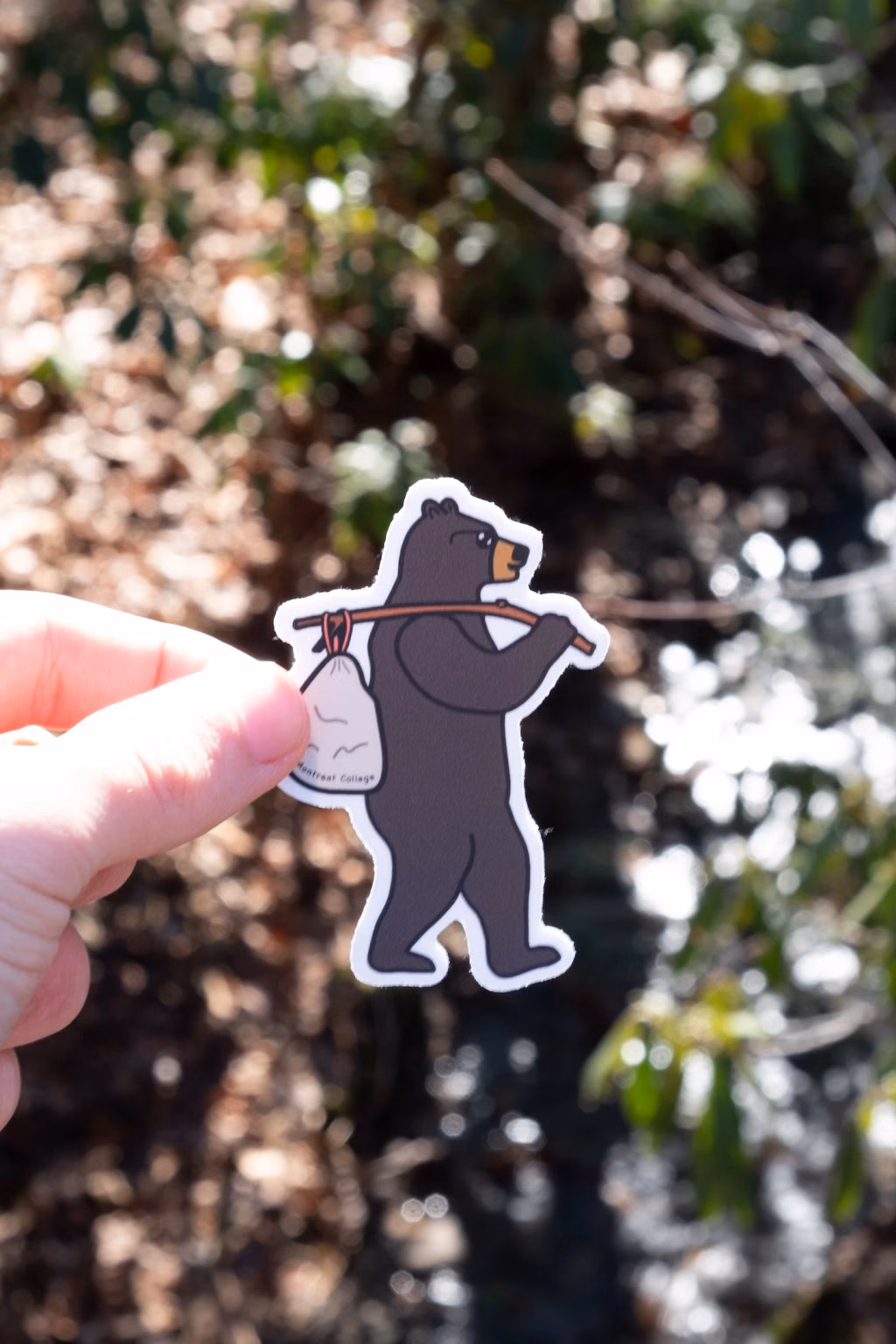 Photo of a hand holding the bear-with-bindle sticker in front of a blurred forest stream