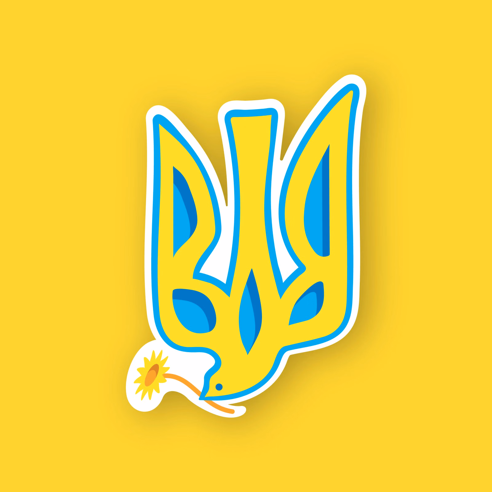 Sticker of the Ukrainian trident stylized as a blue-and-yellow dove diving with a daisy in its beak