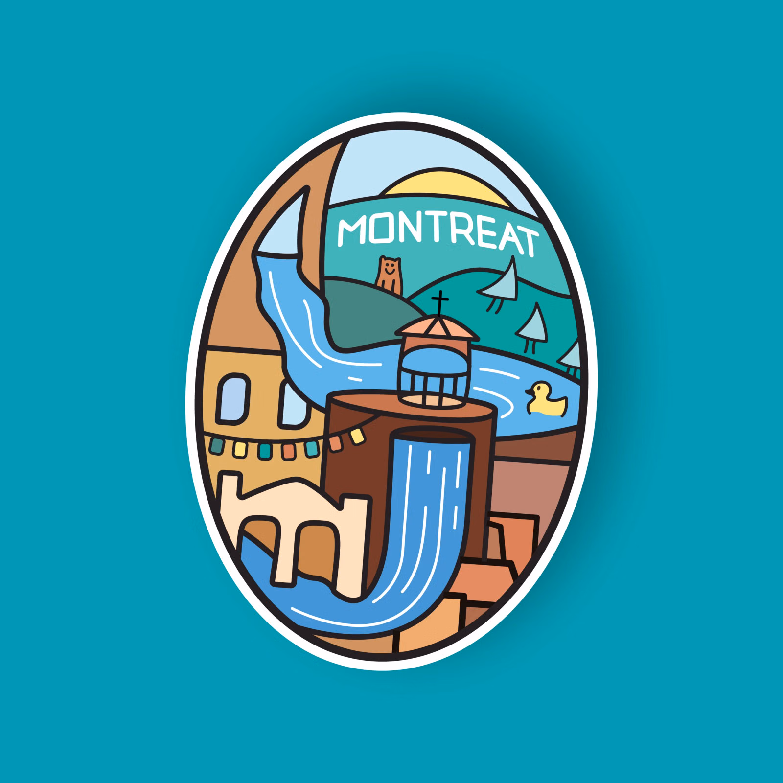 Oval "MONTREAT" badge sticker illustrating the campus — a waterfall, stone chapel tower, buildings, mountains, a bear and a rubber duck
