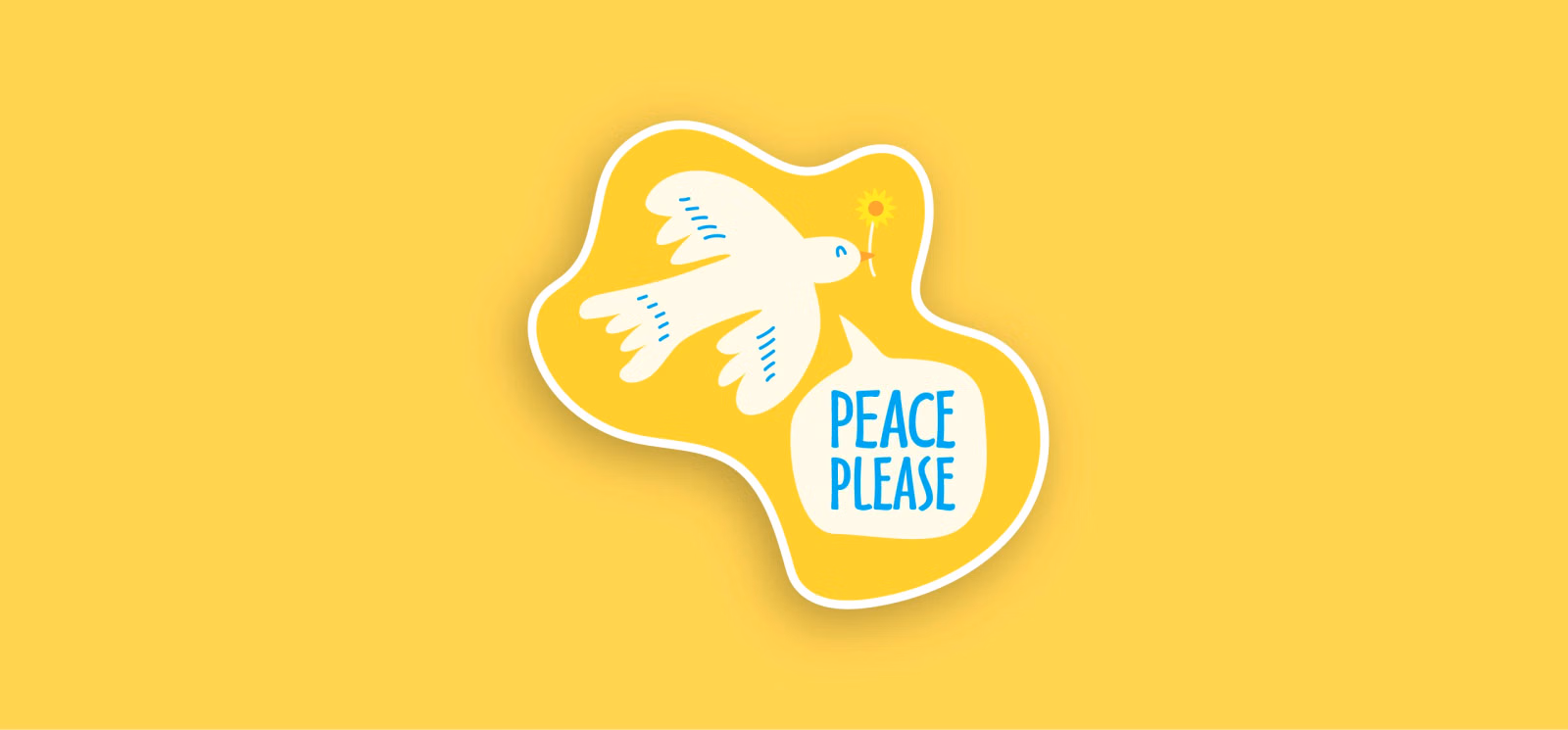 Sticker of a white dove carrying a small yellow flower beside a speech bubble reading "Peace Please"