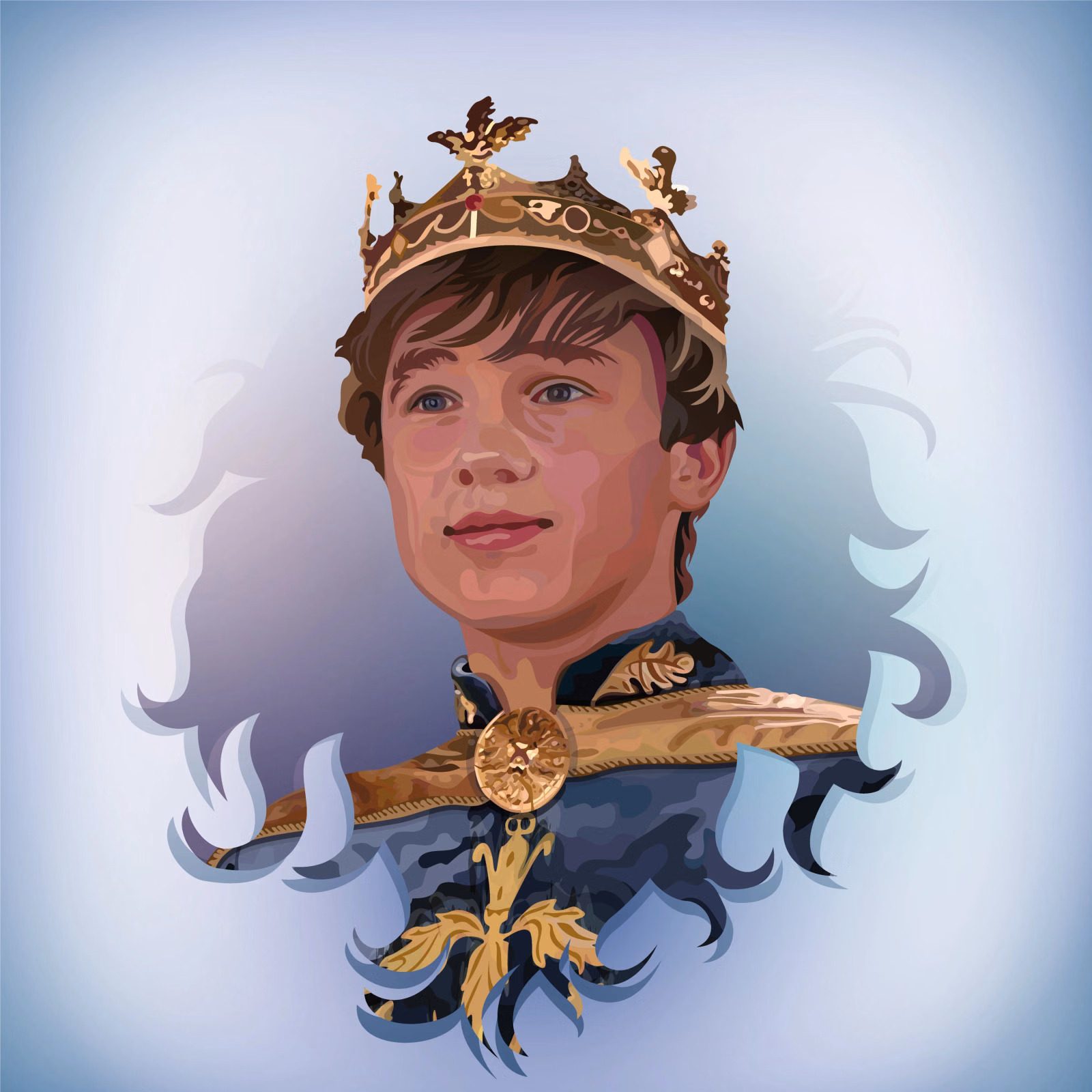 Vector portrait of High King Peter from Narnia in a gold crown and blue-and-gold royal robe, on a soft blue background
