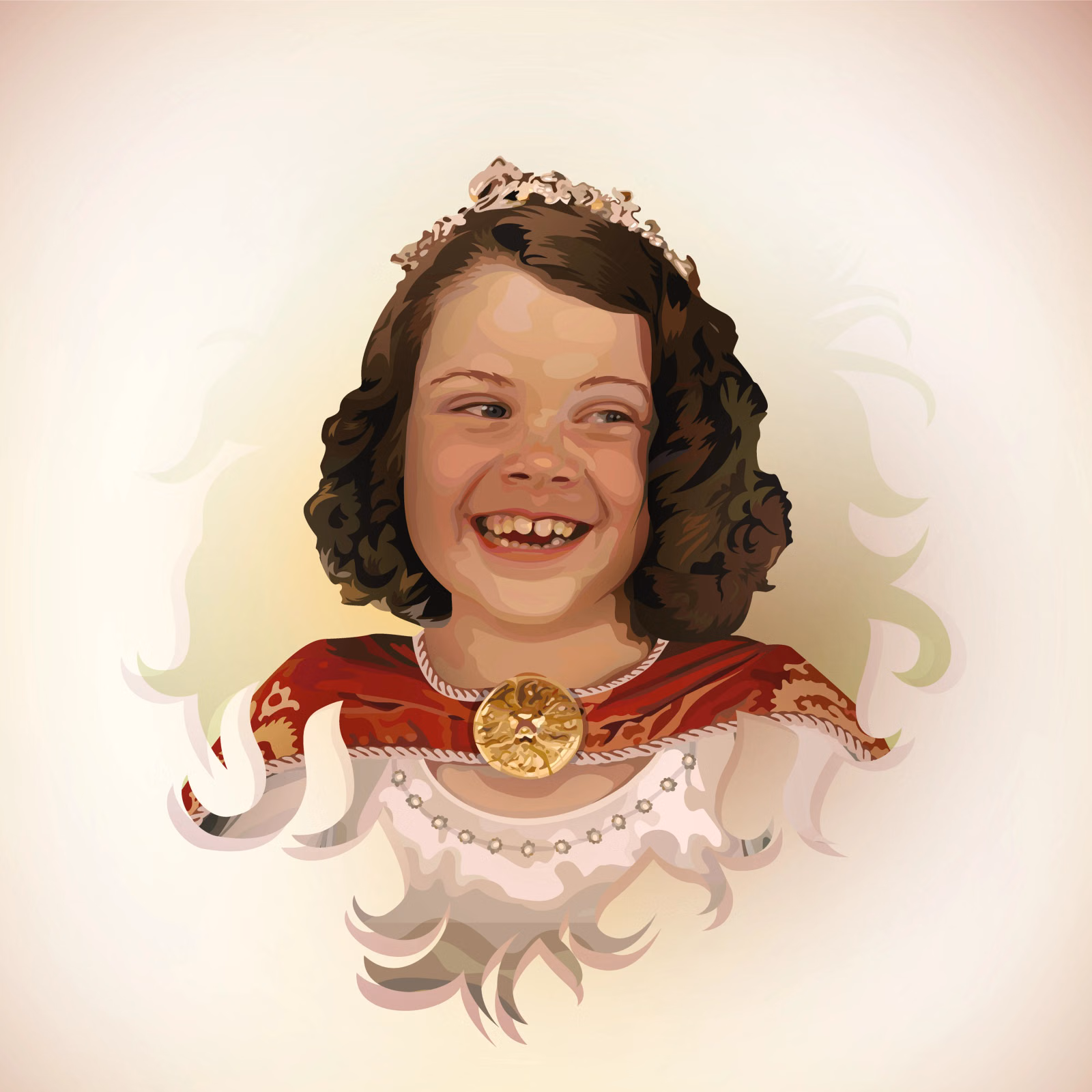 Vector portrait of Queen Lucy from Narnia, laughing, with a small tiara and red-and-white robe, on a warm cream background