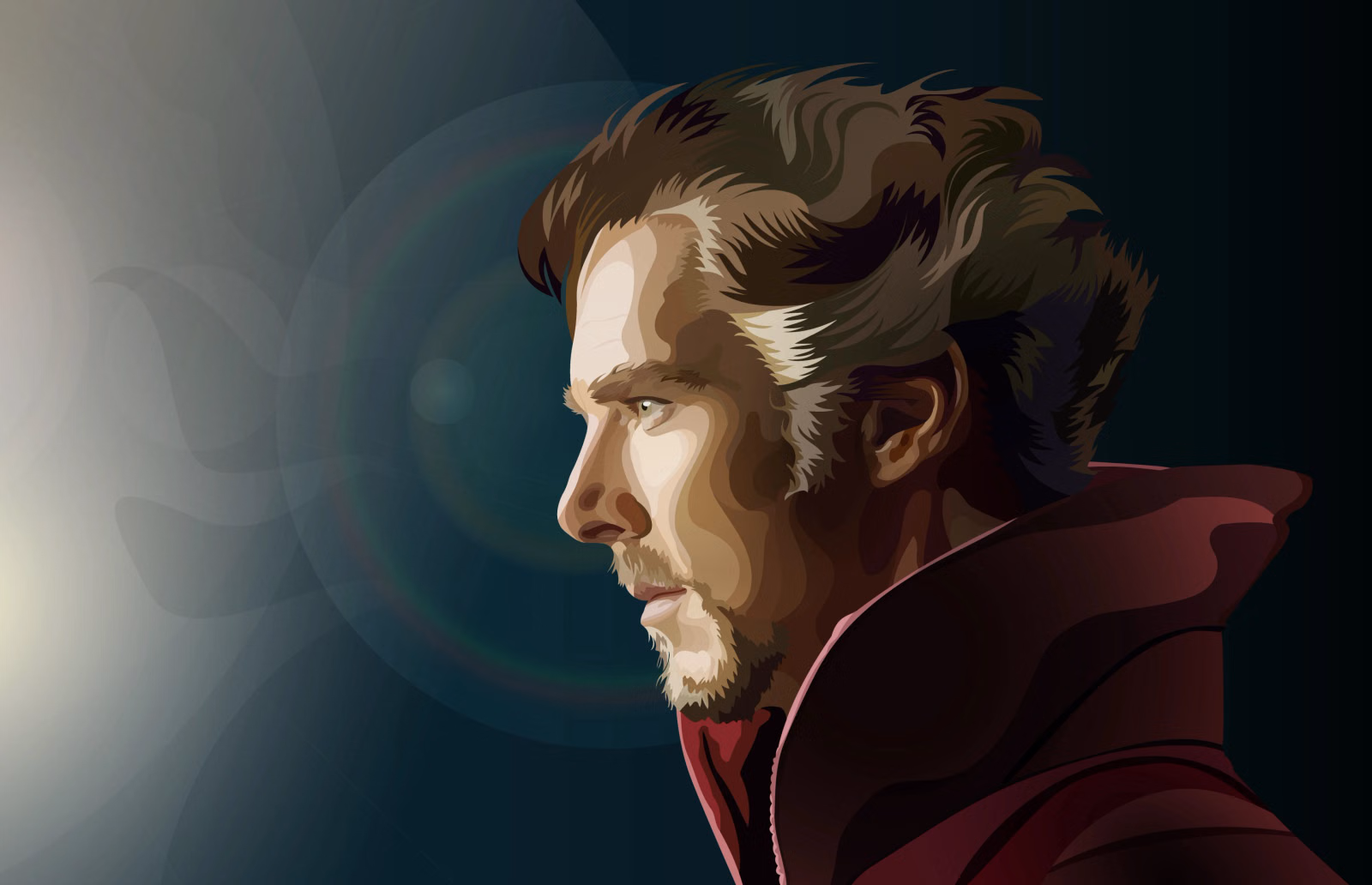 Vector portrait of Doctor Strange in profile, bearded with swept-back hair and a red cloak, against a dark teal background with a faint mandala