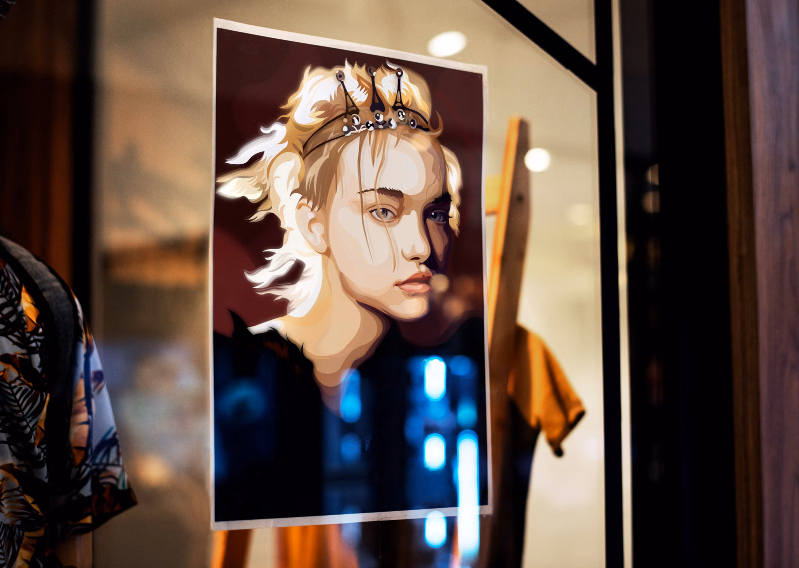 The Gemma Ward vector portrait printed as a poster and displayed in a lit shop window, surrounded by clothing and street reflections