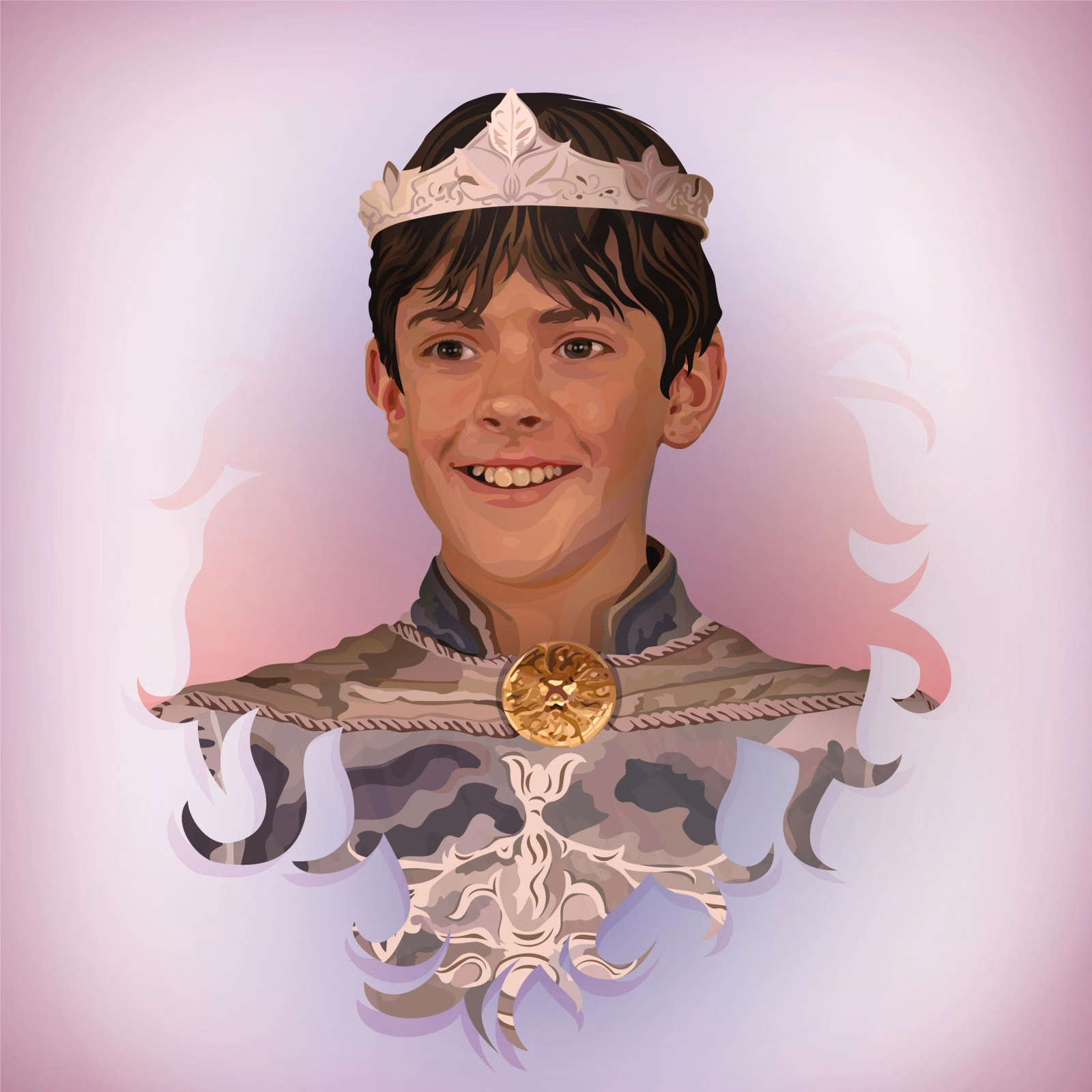 Vector portrait of King Edmund from Narnia, smiling, with a silver circlet and grey robe, on a lilac background