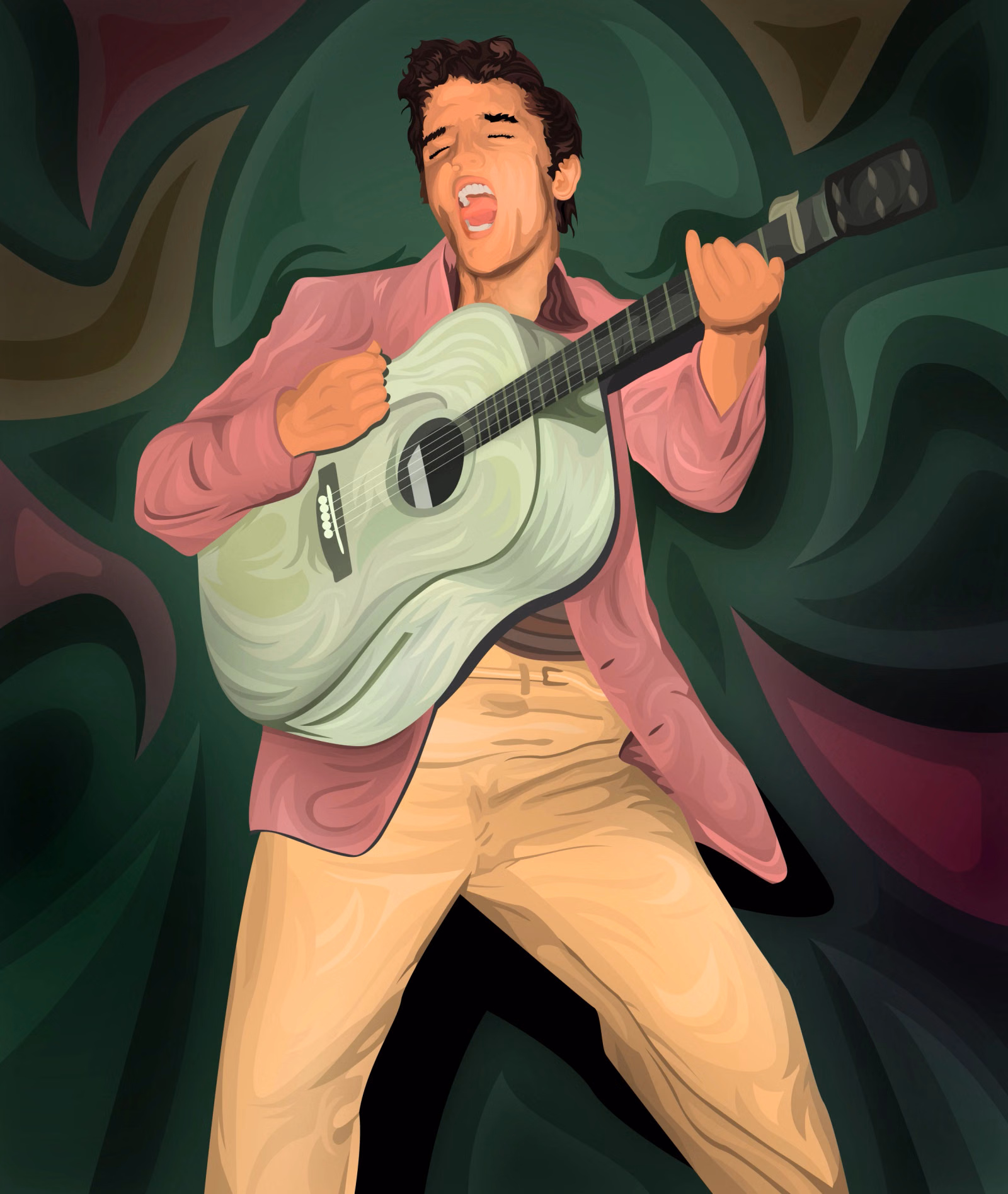 Vector illustration of a young Elvis Presley singing and playing an acoustic guitar in a pink jacket, against a green swirled background