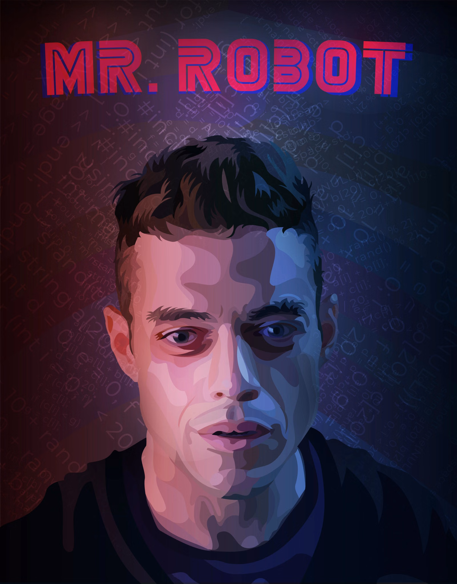 Vector portrait of Elliot from Mr. Robot in split red-and-blue lighting, with the show's title above and streams of code behind him