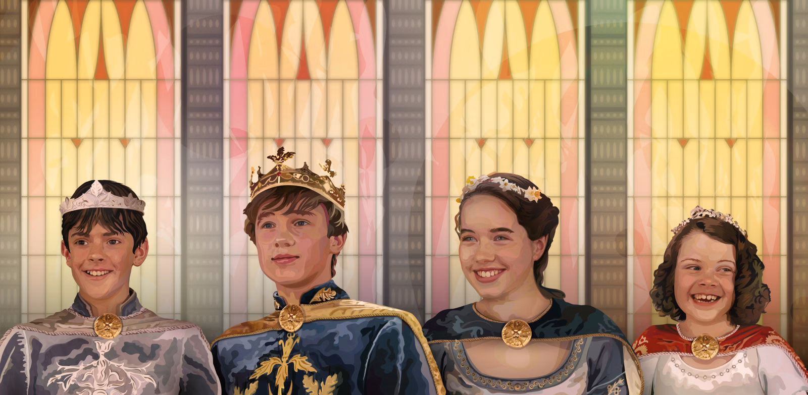 Vector illustration of the four Pevensie children from The Chronicles of Narnia, crowned and robed, standing side by side before stained-glass windows