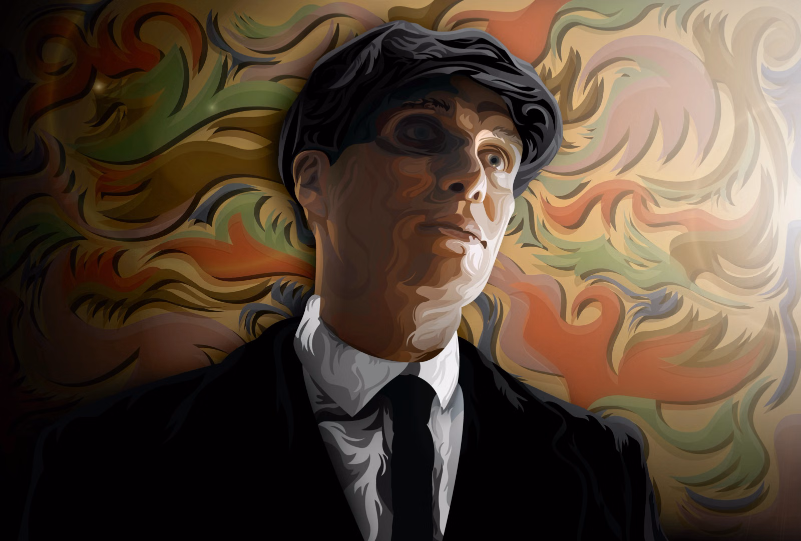 Vector portrait of Tommy Shelby from Peaky Blinders in a dark suit and flat cap, against a swirling patterned wallpaper