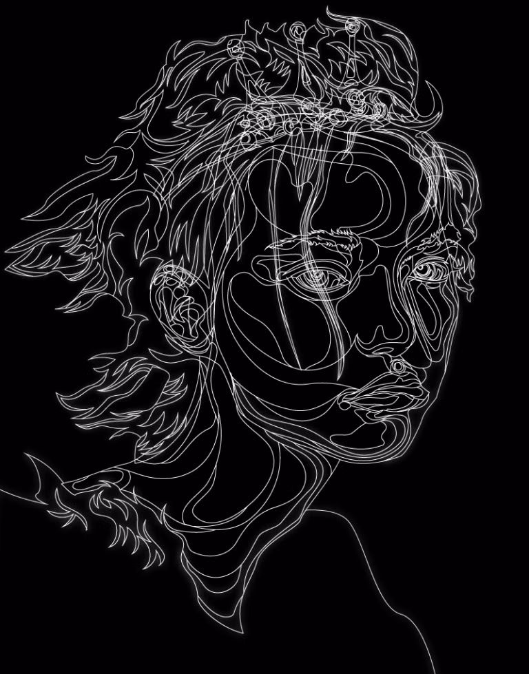 line-art version of the Gemma Ward portrait on a black background, showing the underlying linework