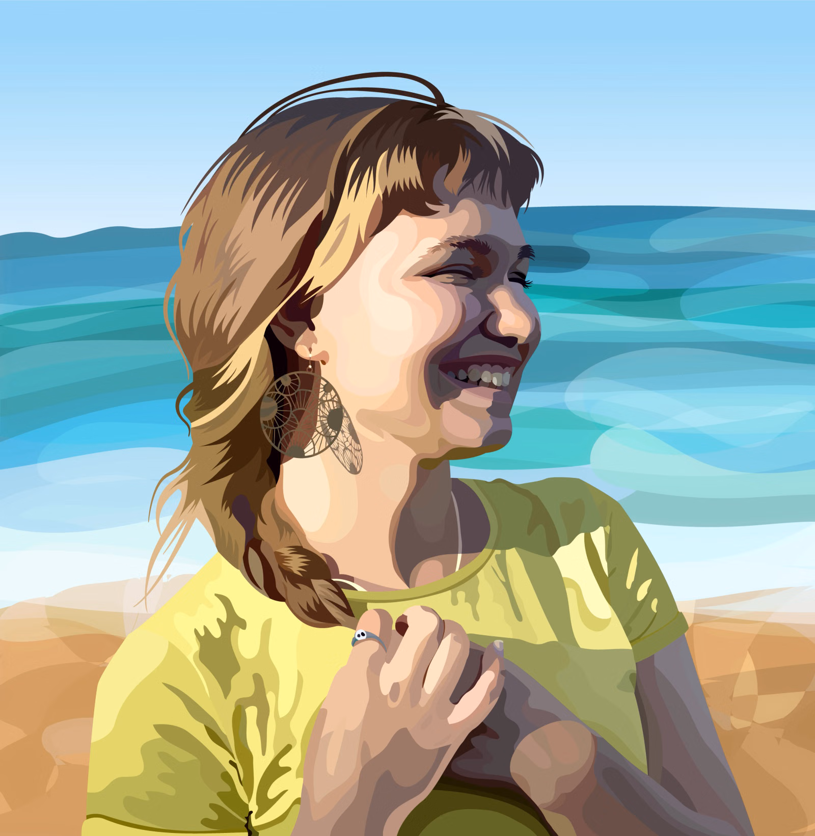 Vector portrait of a laughing young woman with a side braid and dangling earring, in a yellow t-shirt at the beach