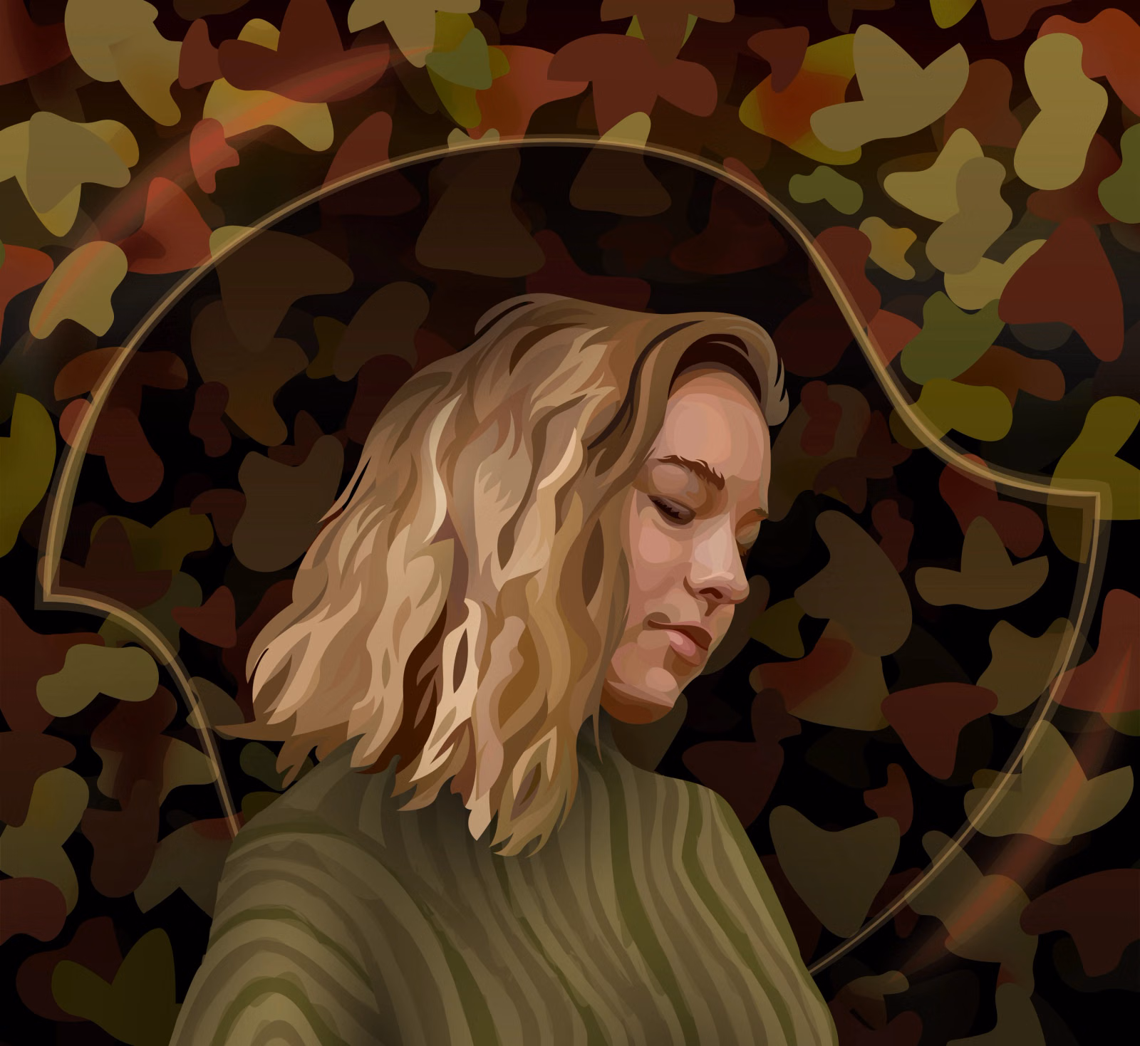 Vector portrait of a blonde woman looking down in a green ribbed sweater, against an autumn-toned camouflage-leaf pattern