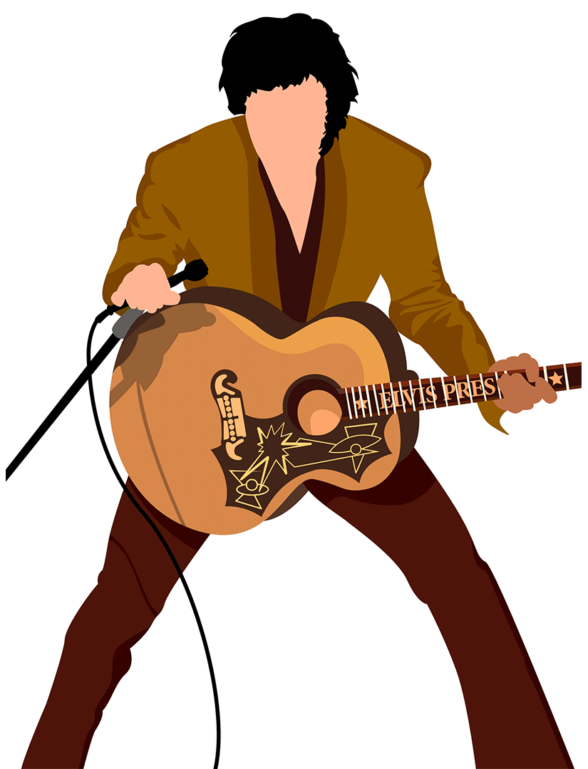 Animated illustration of Elvis Presley building up from flat shapes to a finished vector artwork of him playing guitar