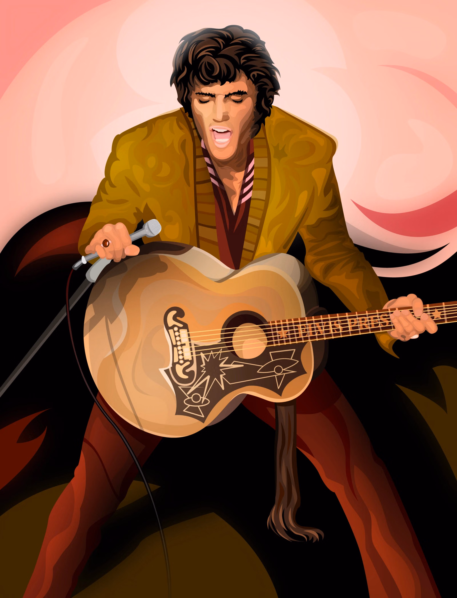 Vector illustration of Elvis Presley performing, singing into a microphone while playing an acoustic guitar, in a gold jacket on a pink swirled background