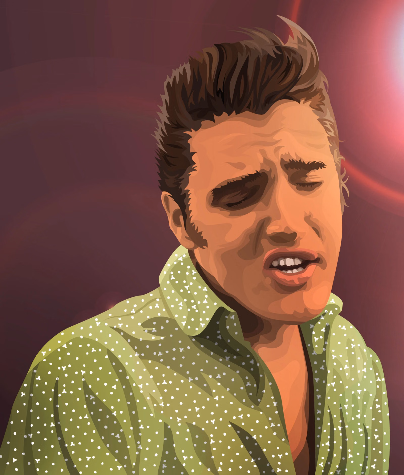Close-up vector portrait of Elvis Presley singing with eyes closed, pompadour hair and a green polka-dot shirt, on a dark red background
