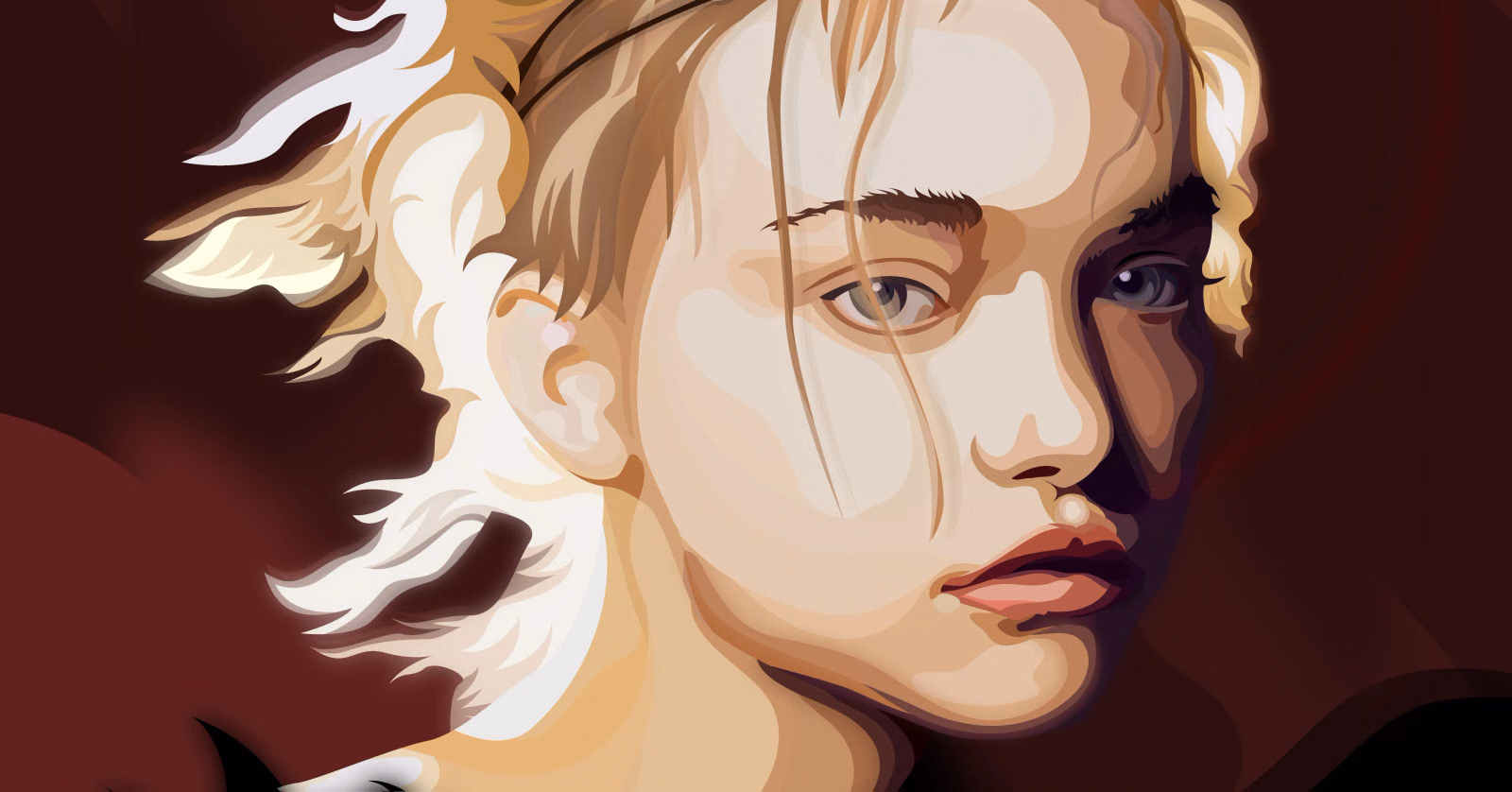 Vector portrait of model Gemma Ward in close-up, with a thin jeweled headband and blue eyes, on a deep maroon background