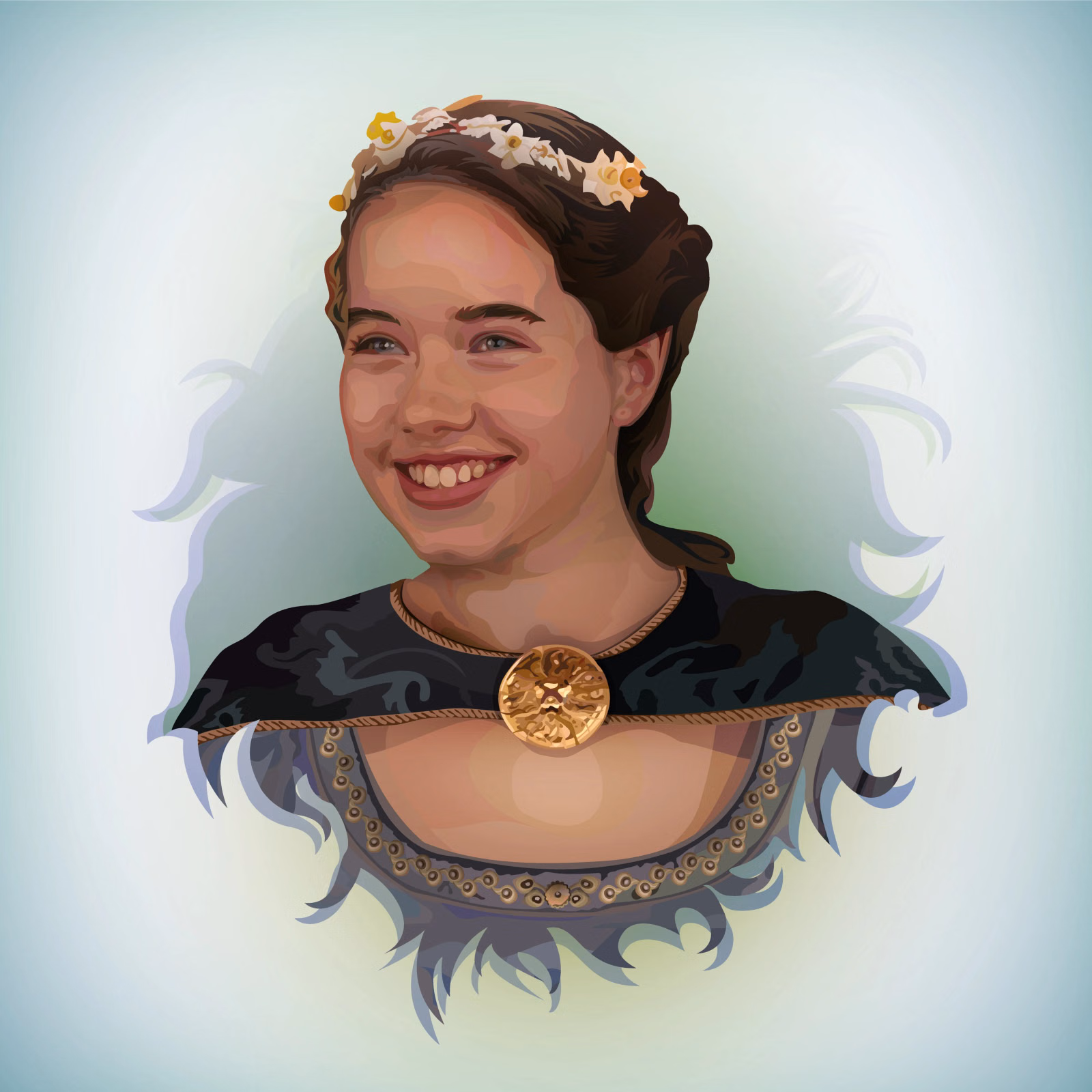Vector portrait of Queen Susan from Narnia, smiling, with a white flower crown and dark medallioned robe, on a green-tinted background