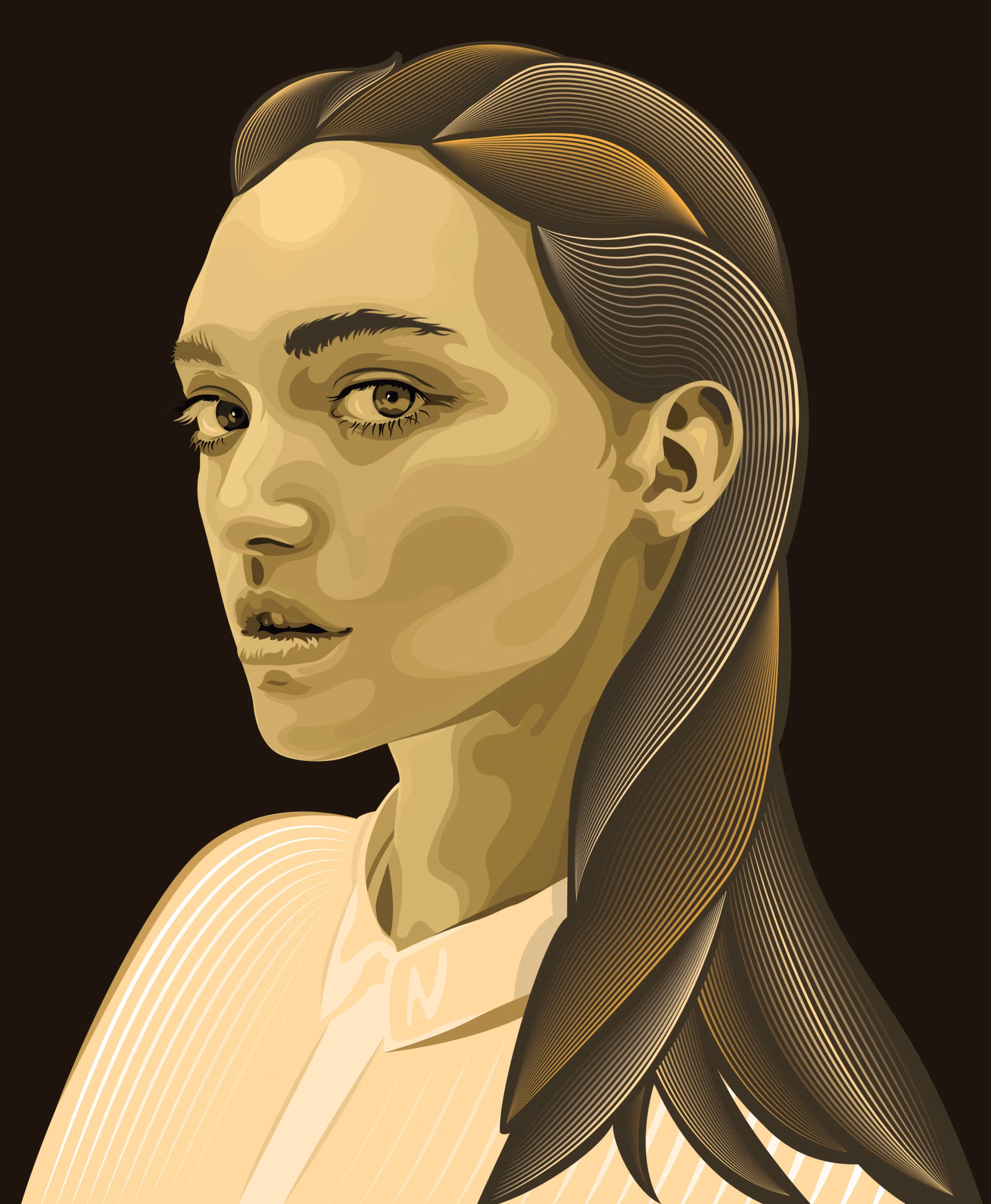 Vector portrait of a woman with long hair rendered in fine gold and sepia line gradients on a black background